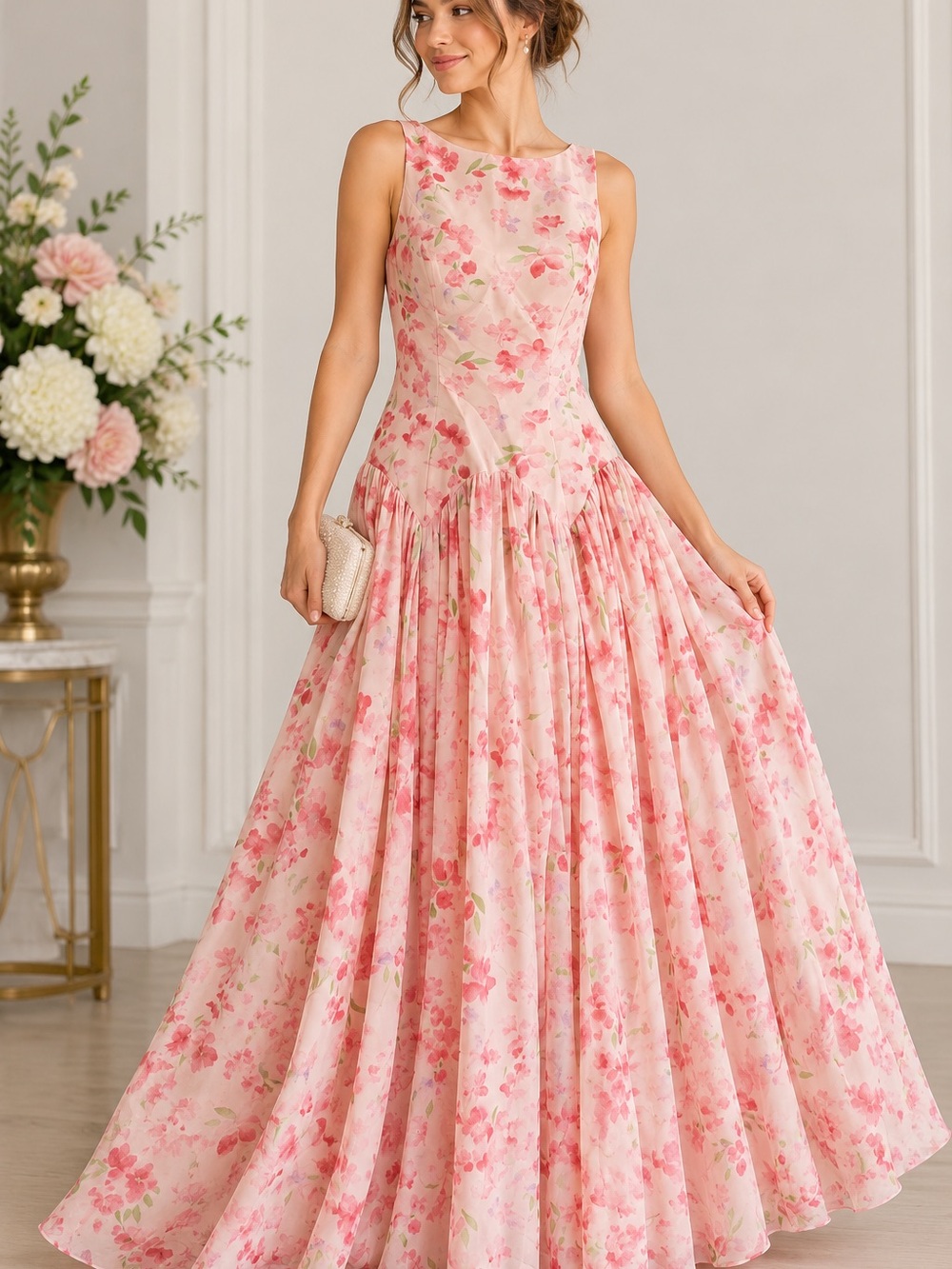 Women’s Pink Floral Sleeveless Maxi Dress